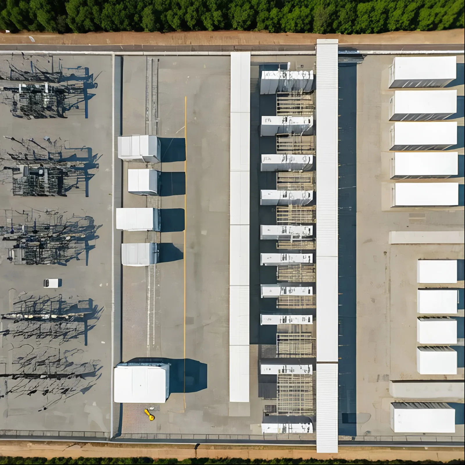 Technical aerial view of a large scale battery energy storage system facility with white containers and power transformers under clear daylight