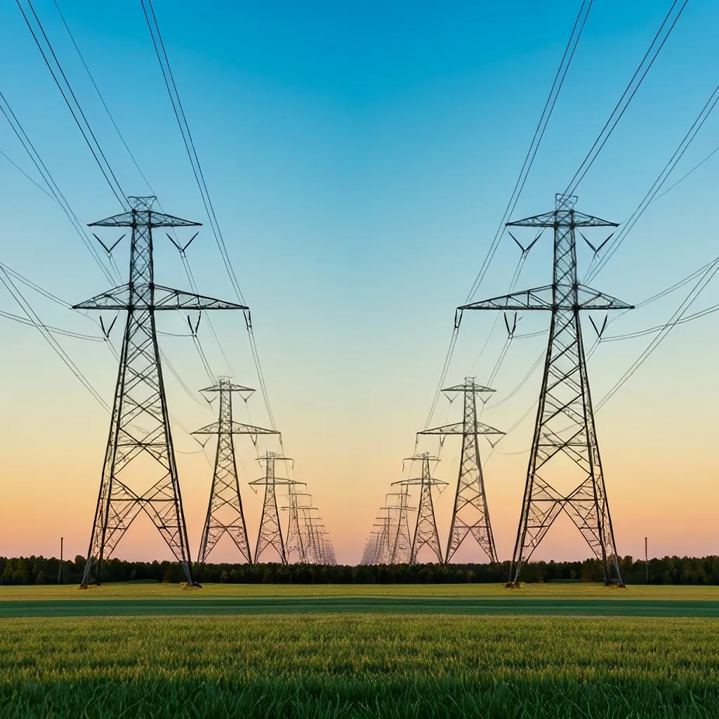 Symmetrical view of high voltage power lines and transmission towers extending into the horizon against a crisp morning sky